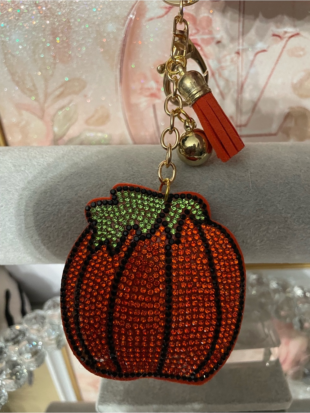 Crystal Pumpkin Keychain Bag Charm - Orange/Green nwt